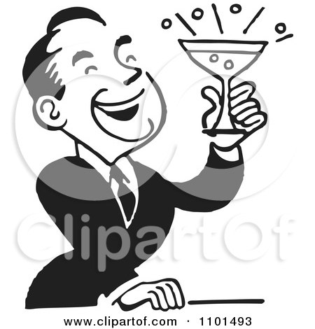 Clipart Retro Black And White Man Laughing And Holding A Cocktail - Royalty Free Vector Illustration by BestVector