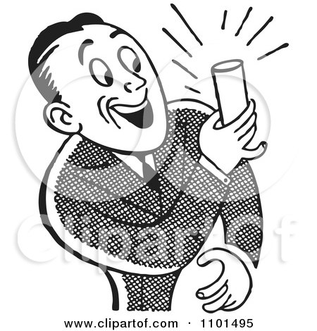 Clipart Retro Black And White Man Smiling And Holding A Beer - Royalty Free Vector Illustration by BestVector