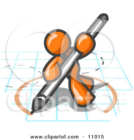 Orange Man Holding a Pencil and Drawing a Circle on a Blueprint Clipart Illustration by Leo Blanchette