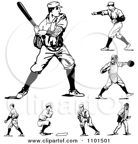 Clipart Retro Black And White Baseball Players - Royalty Free Vector Illustration by BestVector
