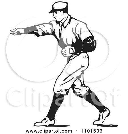 Clipart Retro Black And White Baseball Player Pitcher - Royalty Free Vector Illustration by BestVector