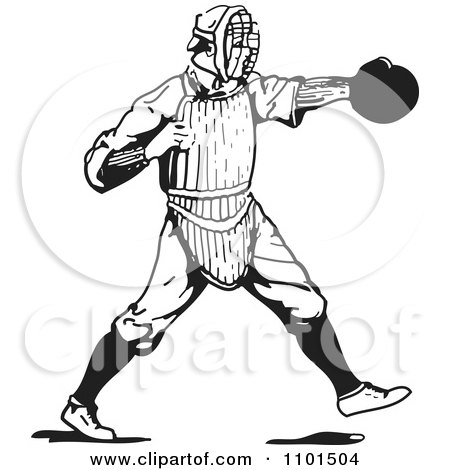 Clipart Retro Black And White Baseball Player Catcher - Royalty Free Vector Illustration by BestVector