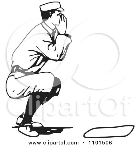 Clipart Retro Black And White Baseball Player Baseman Shouting And Crouching - Royalty Free Vector Illustration by BestVector