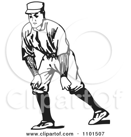 Clipart Retro Black And White Baseball Player Ready To Run - Royalty Free Vector Illustration by BestVector
