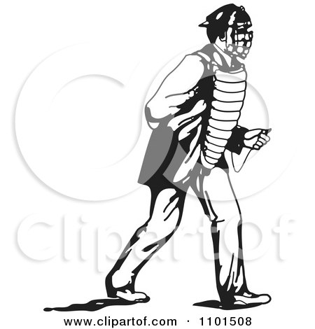 Clipart Retro Black And White Baseball Player Catcher Walking - Royalty Free Vector Illustration by BestVector
