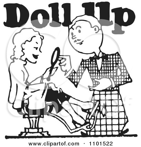 Clipart Retro Black And White Stylist With A Client And Doll Up Text - Royalty Free Vector Illustration by BestVector