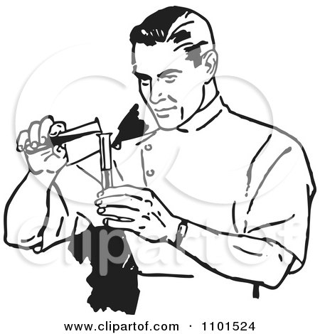 Clipart Retro Black And White Scientist Mixing Chemicals - Royalty Free Vector Illustration by BestVector