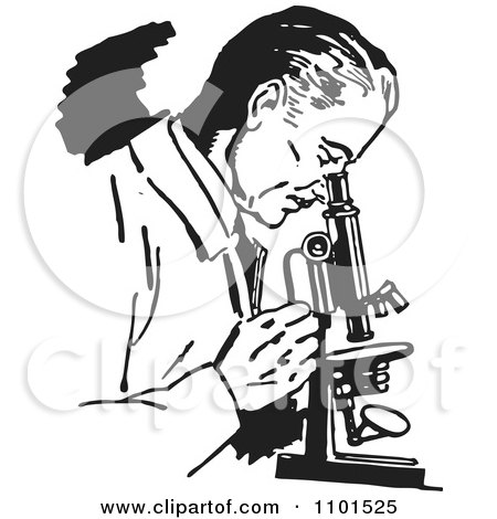 Clipart Retro Black And White Scientist Using A Lab Microscope - Royalty Free Vector Illustration by BestVector