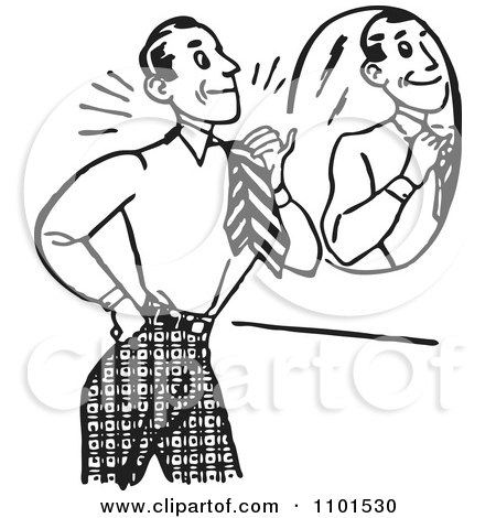 Clipart Retro Black And White Gentleman Adjusting His Tie In Front Of A Mirror - Royalty Free Vector Illustration by BestVector