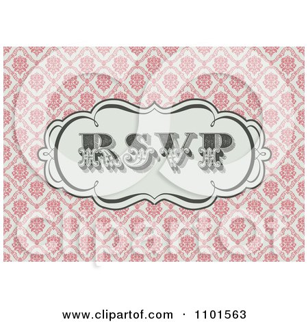 Clipart Retro RSVP Frame Over A Pink Floral Pattern - Royalty Free Vector Illustration by BestVector