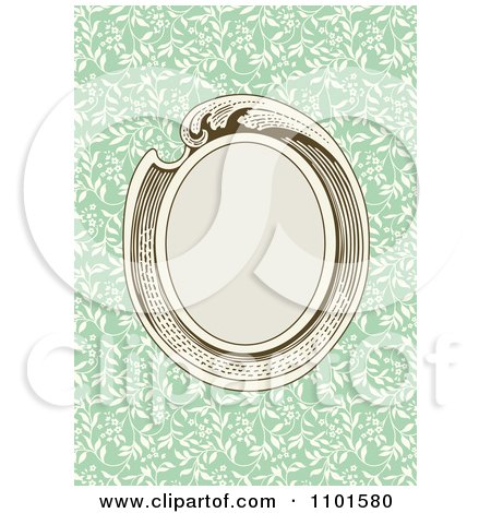 Clipart Retro Oval Frame Over Green With Biege Vines - Royalty Free Vector Illustration by BestVector