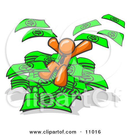 Orange Business Man Jumping in a Pile of Money and Throwing Cash Into the Air Clipart Illustration by Leo Blanchette