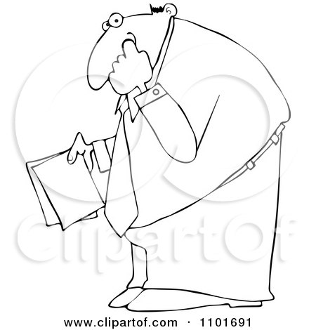 Clipart Outlined Businessman Holding Documents And Picking His Nose - Royalty Free Vector Illustration by djart