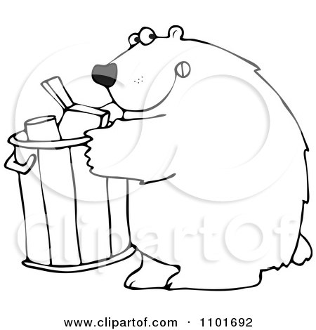 Clipart Outlined Bear Getting Into A Garbage Can - Royalty Free Vector Illustration by djart