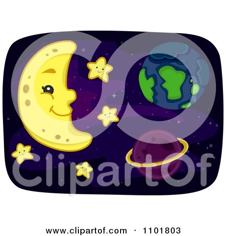 Clipart Happy Crescent Moon With Earth And A Planet In Space With Stars - Royalty Free Vector Illustration by BNP Design Studio
