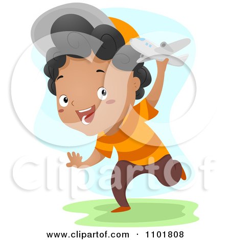 Clipart Happy Black Boy Running With A Toy Plane Outside - Royalty Free Vector Illustration by BNP Design Studio