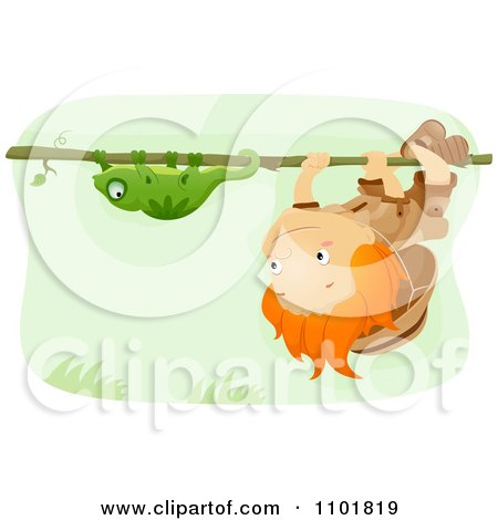 Clipart Boy Hanging Upside Down On A Vine And Following A Chameleon - Royalty Free Vector Illustration by BNP Design Studio