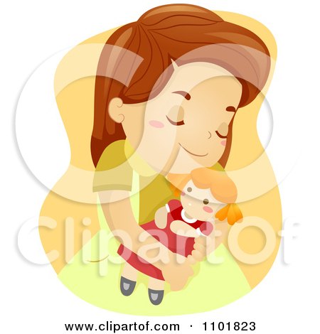 Clipart Happy Girl Hugging Her Doll - Royalty Free Vector Illustration by BNP Design Studio