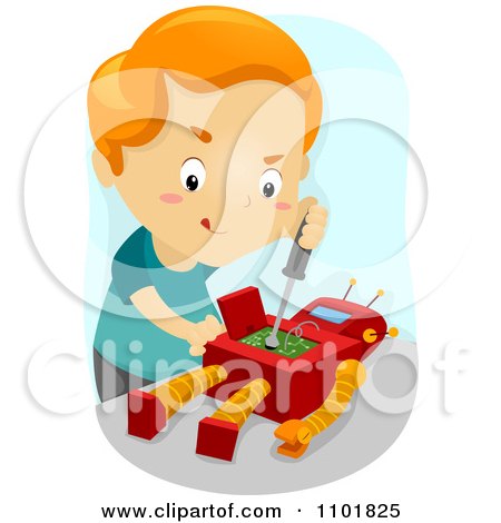 Clipart Boy Repairing His Toy Robot - Royalty Free Vector Illustration by BNP Design Studio