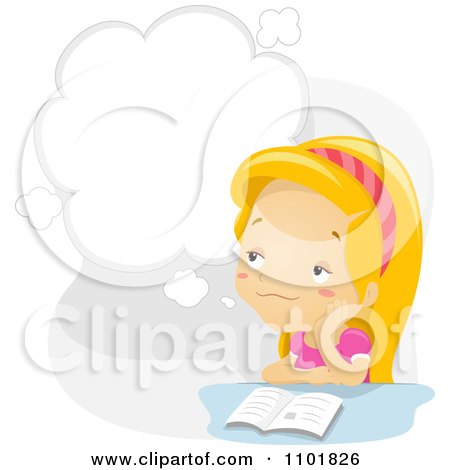 Clipart Blond Girl Daydreaming At Her Desk - Royalty Free Vector Illustration by BNP Design Studio