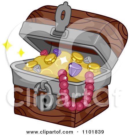 Clipart Wooden Treasure Chest Full Of Jewels And Gold - Royalty Free Vector Illustration by BNP Design Studio