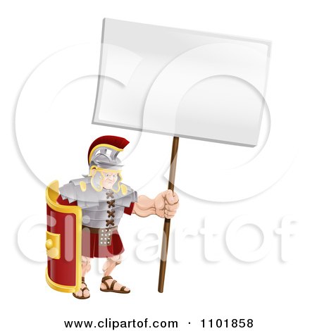 Clipart Buff Roman Soldier With A Sign - Royalty Free Vector Illustration by AtStockIllustration