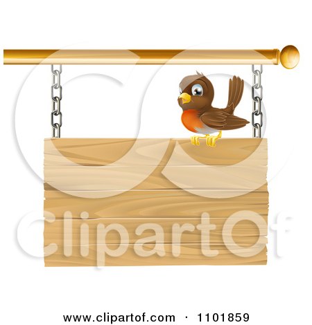 Clipart Happy Robin Perched On A Wood Sign - Royalty Free Vector Illustration by AtStockIllustration
