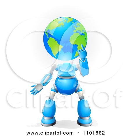 Clipart 3d Blue Globe Headed Robot - Royalty Free Vector Illustration by AtStockIllustration