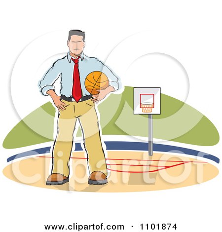Clipart Sketched Basketball Coach Standing On A Court - Royalty Free Vector Illustration by David Rey