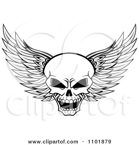 Clipart Evil Black And White Winged Skull - Royalty Free Vector Illustration by Vector Tradition SM