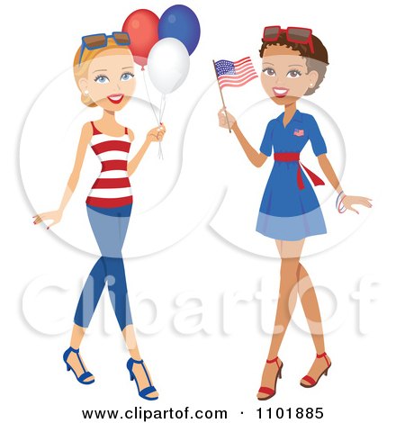 Clipart Caucasian And Black American Women With Party Balloons And A Flag - Royalty Free Vector Illustration by Monica