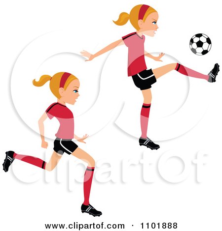 Clipart Blond Soccer Girl Player Running And Kicking - Royalty Free Vector Illustration by Monica