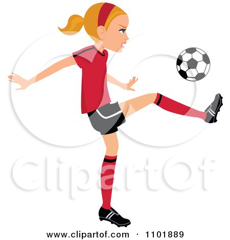 Clipart Blond Soccer Girl Player Kicking A Ball - Royalty Free Vector Illustration by Monica