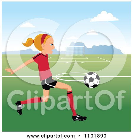 Clipart Blond Soccer Girl Player Kicking A Ball On A Field - Royalty Free Vector Illustration by Monica