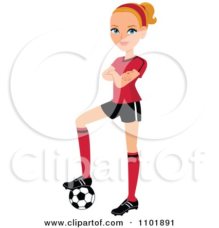 Clipart Blond Female Soccer Player Resting Her Foot On A Ball - Royalty Free Vector Illustration by Monica