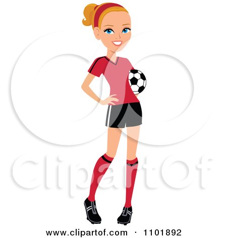 Clipart Blond Female Soccer Player Posing With A Ball - Royalty Free Vector Illustration by Monica