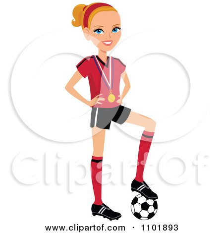 Clipart Blond Female Soccer Player With A Medal Resting Her Foot On A Ball - Royalty Free Vector Illustration by Monica