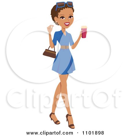 Clipart Stylish African American Or Hispanic Woman Holding A Beverage And Wearing A Blue Dress - Royalty Free Vector Illustration by Monica