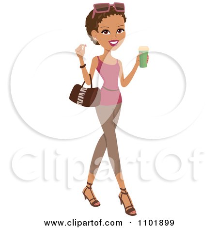 Clipart Stylish African American Or Hispanic Woman Holding A Beverage And Wearing Leggings And A Tank Top - Royalty Free Vector Illustration by Monica