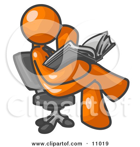 Orange Man Sitting Cross Legged in a Chair and Reading a Book Clipart Illustration by Leo Blanchette