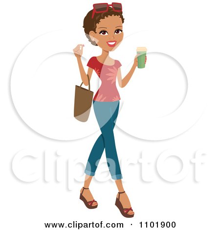Clipart Stylish African American Or Hispanic Woman Holding A Beverage And Wearing Jeans And A Red Shirt - Royalty Free Vector Illustration by Monica