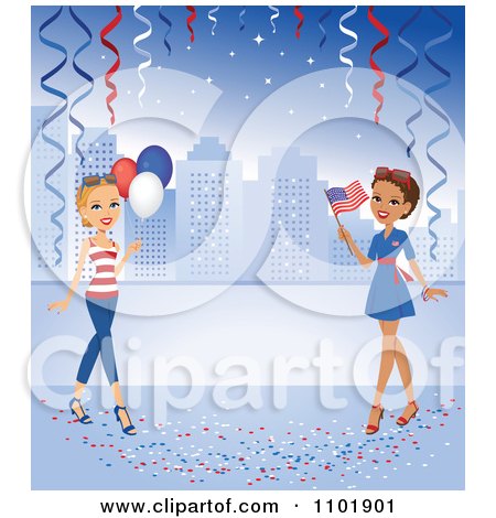 Clipart Hispanic Or African American Woman With A Flag And A Caucasian Woman With Balloons Against A Blue City With Confetti And Streamers - Royalty Free Vector Illustration by Monica