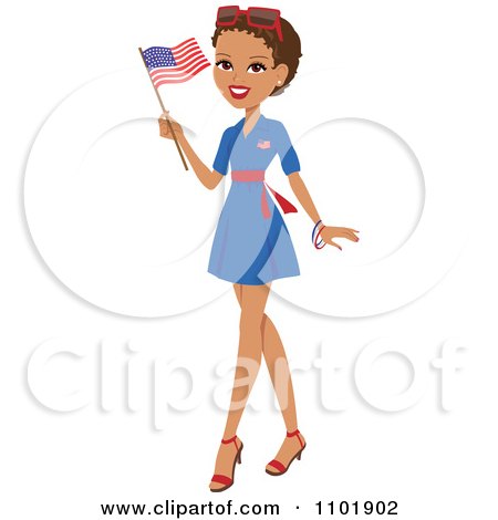Clipart Patriotic African American Or Hispanic Woman Holding An American Flag And Wearing A Blue Dress - Royalty Free Vector Illustration by Monica