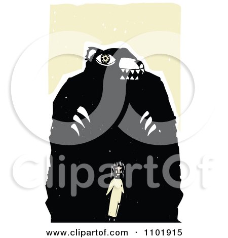 Clipart Woodcut Styled Girl Standing In Front Of A Giant Bear - Royalty Free Vector Illustration by xunantunich