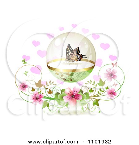 Clipart Butterfly In A Sphere Over Hearts And Blossoms On White - Royalty Free Vector Illustration by merlinul