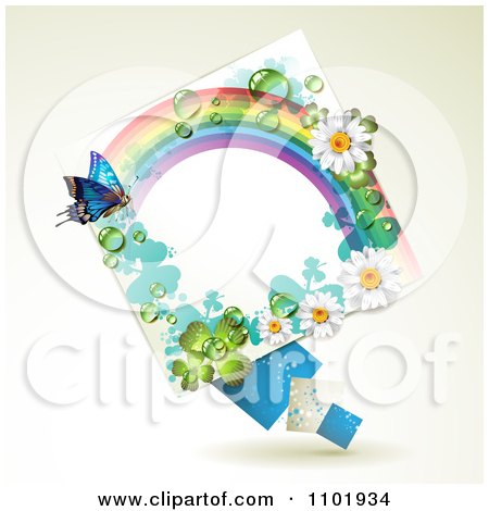 Clipart Rainbow Daisy And Shamrock Diamond Frame With A Butterfly - Royalty Free Vector Illustration by merlinul