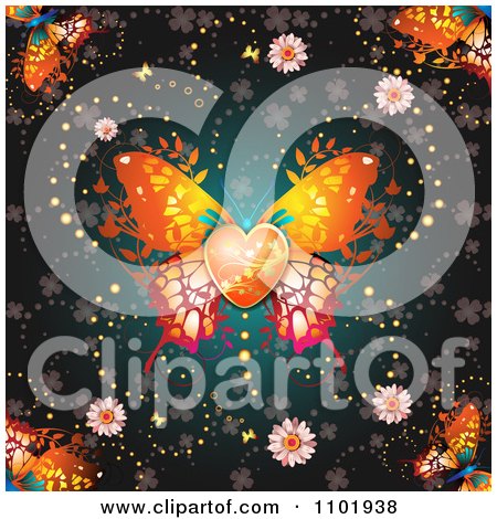 Clipart Ornate Orange Butterfly With A Heart Center Over Clovers On Teal - Royalty Free Vector Illustration by merlinul