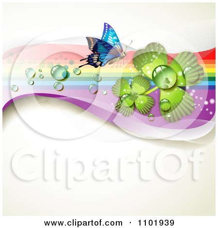 Clipart Spring Butterfly Background With Dewy Clovers And Rainbow Streaks 1 - Royalty Free Vector Illustration by merlinul