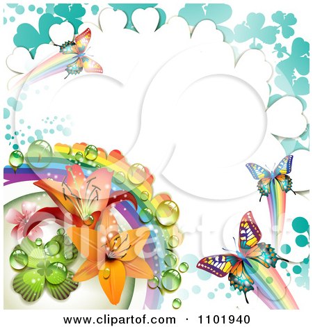 Clipart Spring Butterfly Background With Dew Rainbows Clovers And Lilies - Royalty Free Vector Illustration by merlinul