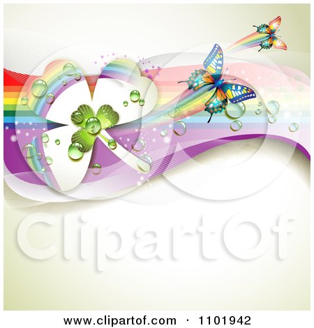 Clipart Spring Butterfly Background With Dewy Clovers And Rainbow Streaks 2 - Royalty Free Vector Illustration by merlinul